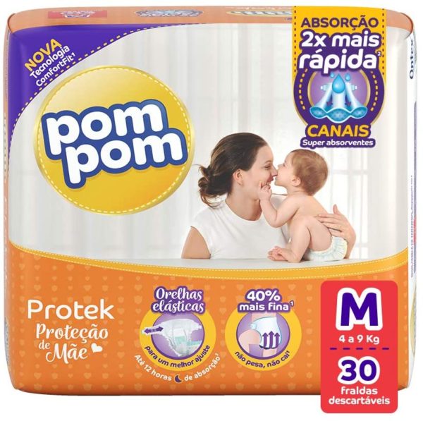 Fralda PomPom Protek Proteção de Mãe, M, Jumbo, pacote de 30