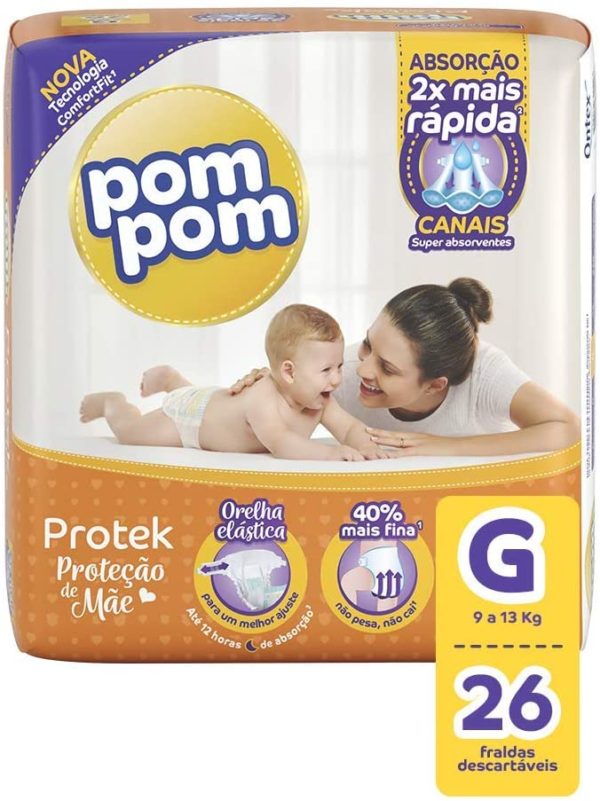 Fralda PomPom Protek Proteção de Mãe, G, Jumbo, pacote de 26