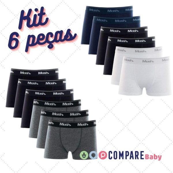 Kit 6 Cuecas Boxer Algodão Infantil, Mash (P ao GG)